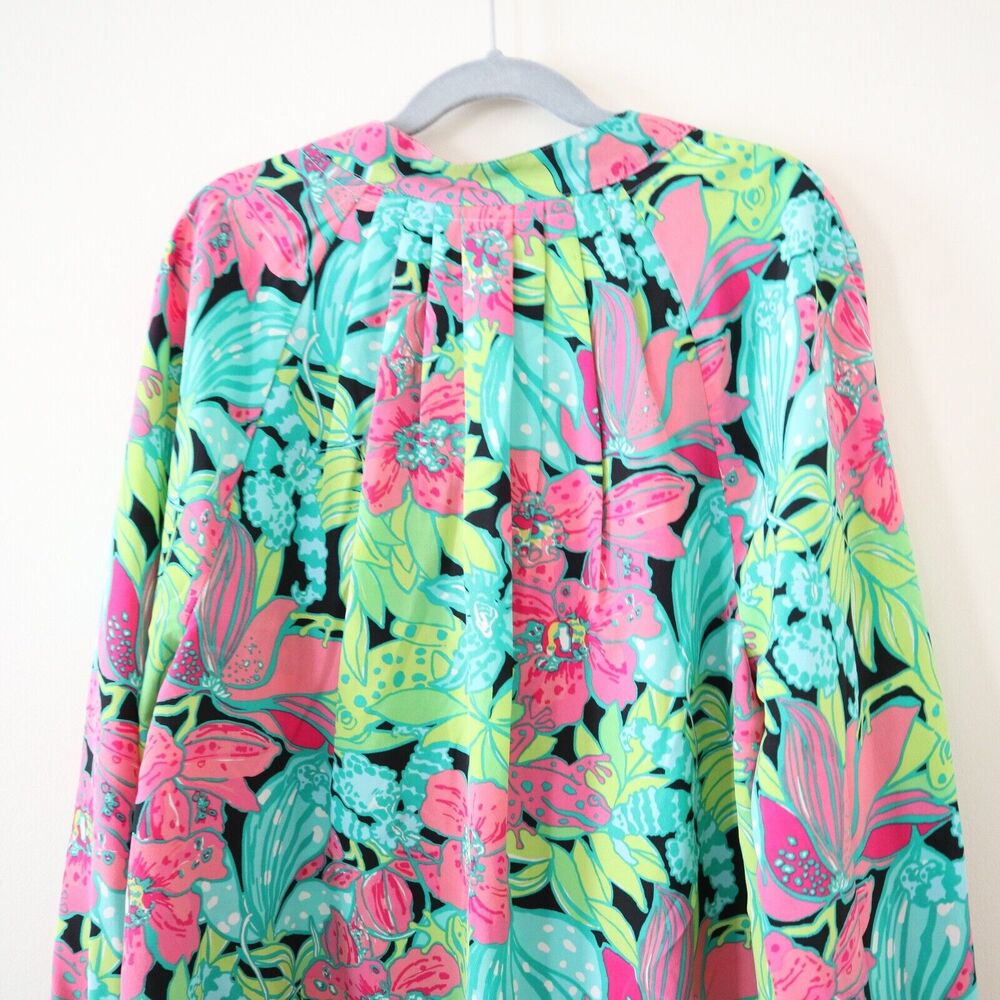 Lilly Pulitzer Size S 100% Silk Elsa Skip On It Top Blouse Frogs Floral - Picture 11 of 13